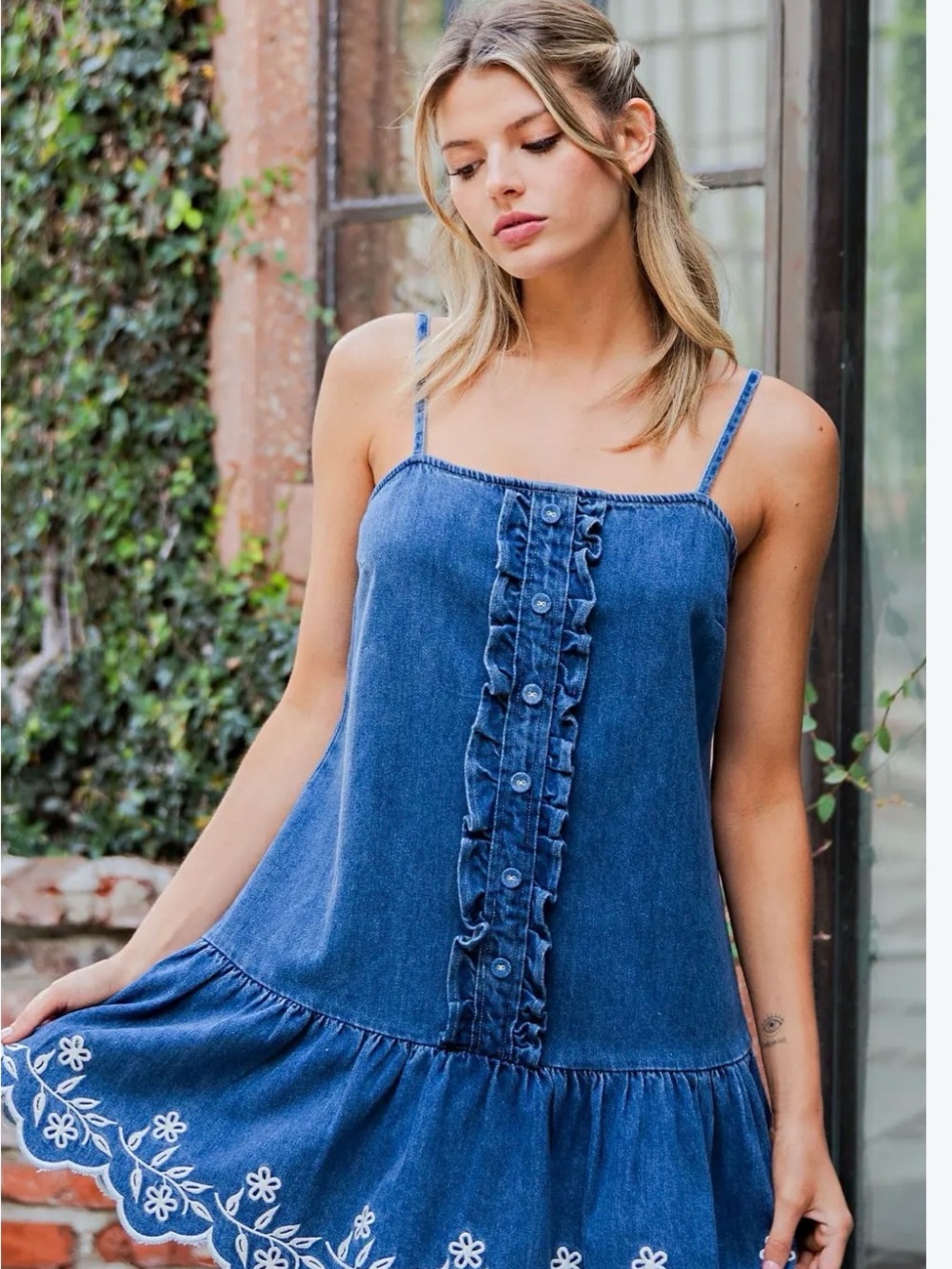 eesome Dark Blue Denim Ruffle Button Tank Dress with White Embroidered Hem